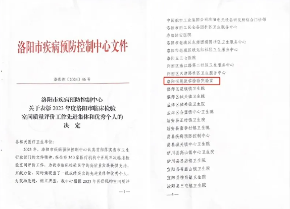 恒恩医学检验实验室荣获“洛阳市临床检验室间质量评价先进集体”称号